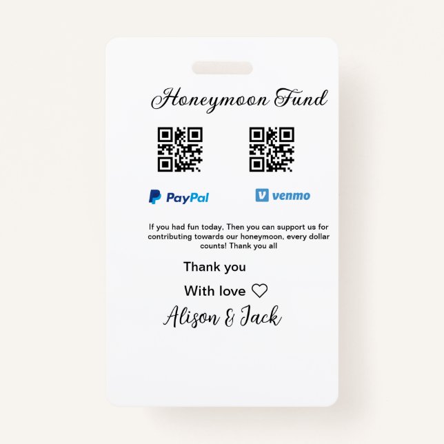 Flitterwochenfonds venomo paypal donation Q R paar Ausweis (Vorderseite)