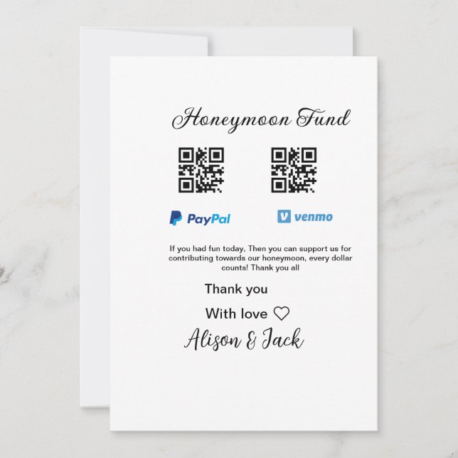 Flitterwochenfonds venomo paypal donation Q R paar Einladung (Vorderseite)