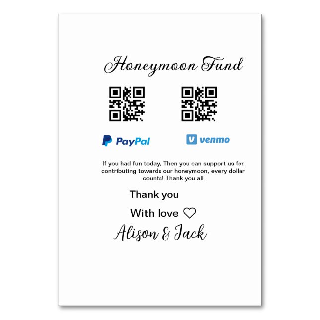 Flitterwochenfonds venomo paypal donation Q R paar Tischnummer (Vorderseite)