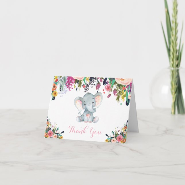 Floarl Niedlich Elephant Baby Girl Pink und Gray Dankeskarte (Vorderseite)