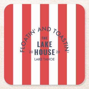 Floatin' and Toastin' The Lake House Roter Streife Rechteckiger Pappuntersetzer