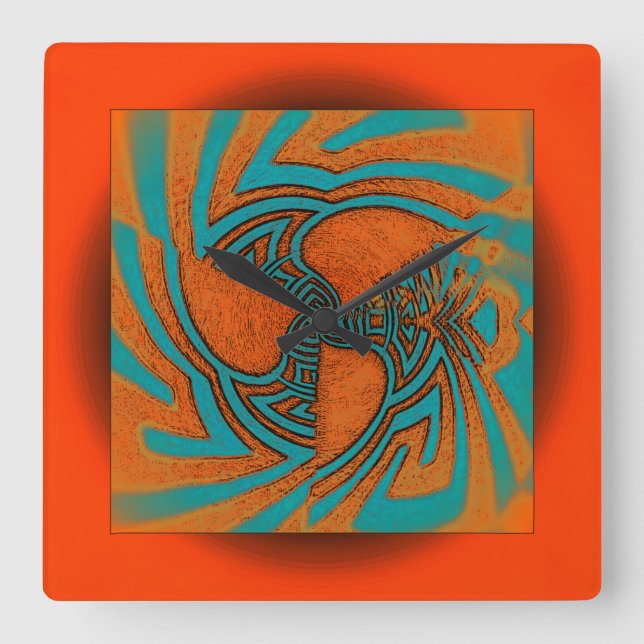 Floating Abstract Design in Orange with Aqua Quadratische Wanduhr (Vorderseite)