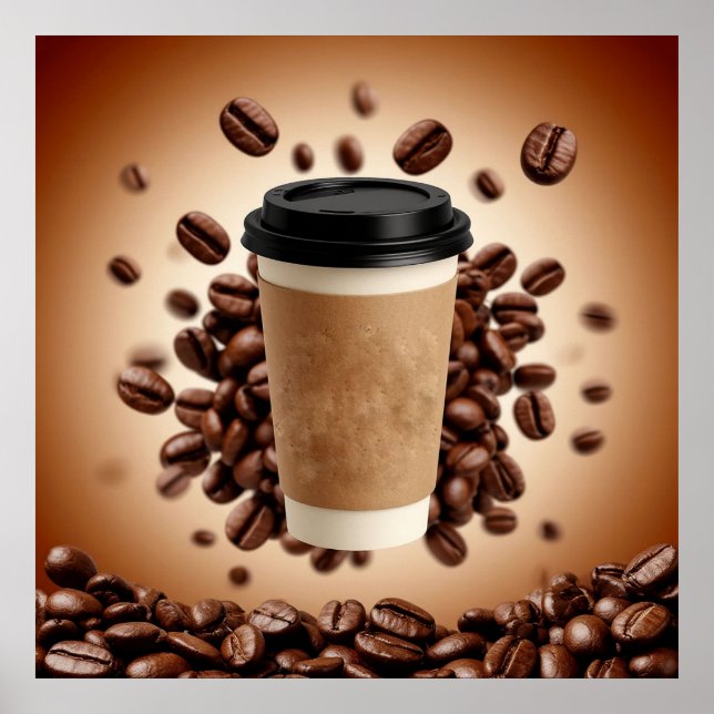 Floating Coffee Cup With Coffee Beans Poster (Vorne)