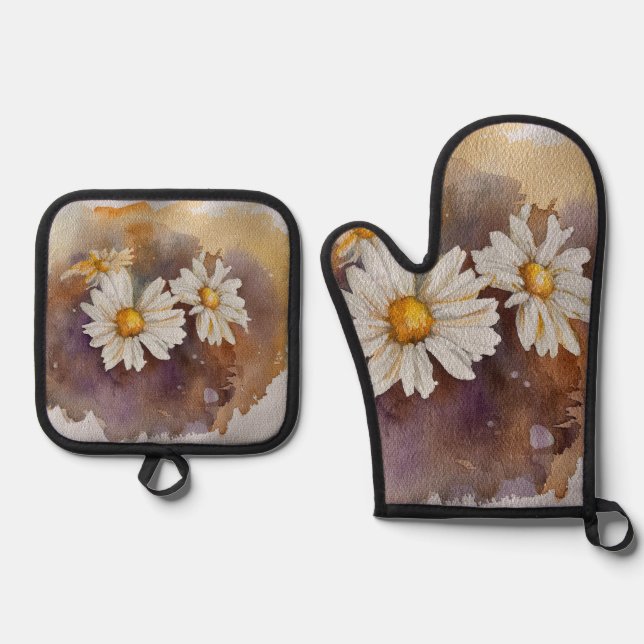 Floating Daisy Watercolor Ofenhandschuh & Topflappen-Set (Vorderseite)