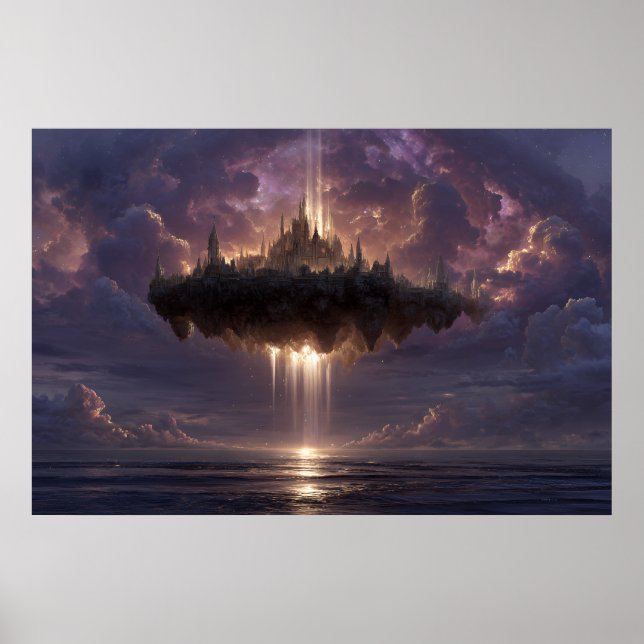 Floating Fantasy Castle Cloud Beams Glow Poster (Vorne)