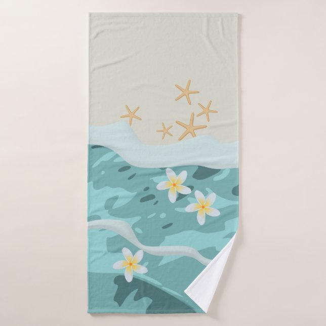 Floating Frangipanis auf Beach Wave Meet Starfish Badehandtuch (Badehandtuch)