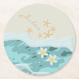 Floating Frangipanis auf Beach Wave Starfish Name Runder Pappuntersetzer