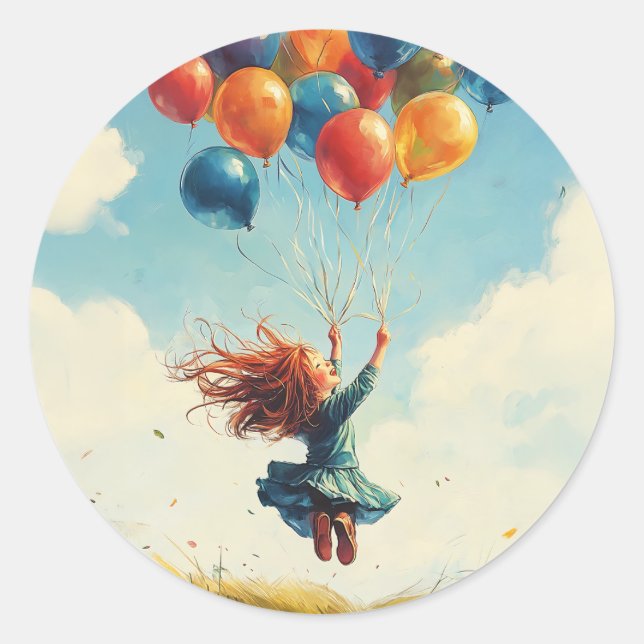 Floating Girl mit Balloons Runder Aufkleber (Vorderseite)