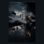 Floating Gothic Ruins Cosmic Mirror Night Poster<br><div class="desc">Shattered gothic cathedrals and broken spires float as isolated islands in a vast, starry night sky. Each ruin glows with ethereal blue-violet light from cracked windows and arched interiors, while small warm lanterns and fires flicker in the darkness. A slender crescent moon hangs low, illuminating swirling clouds and casting perfect...</div>