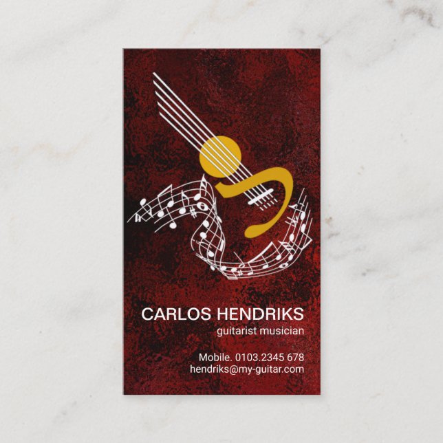 Floating Musiknote Guitar Riffs Red Grunge Visitenkarte (Vorderseite)