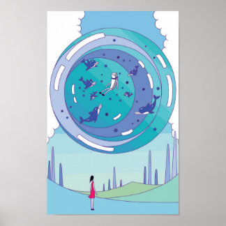 Floating sphere with dolphins swimming in it. poster
