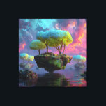 Floating Turquoise Tree Islands Neon Sky Leinwanddruck<br><div class="desc">Three colossal, glowing trees with electric turquoise, lime, and chartreuse canopies dominate floating islands of mossy rock and ancient ruins. Tiny crystals and patchwork greenery sparkle beneath the branches while the islands hover above a mirror-like ocean reflecting a dramatic sky of swirling magenta, violet, pink, and cyan clouds pierced by...</div>