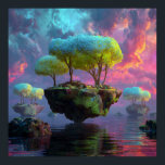 Floating Turquoise Tree Islands Neon Sky Poster<br><div class="desc">Three colossal, glowing trees with electric turquoise, lime, and chartreuse canopies dominate floating islands of mossy rock and ancient ruins. Tiny crystals and patchwork greenery sparkle beneath the branches while the islands hover above a mirror-like ocean reflecting a dramatic sky of swirling magenta, violet, pink, and cyan clouds pierced by...</div>