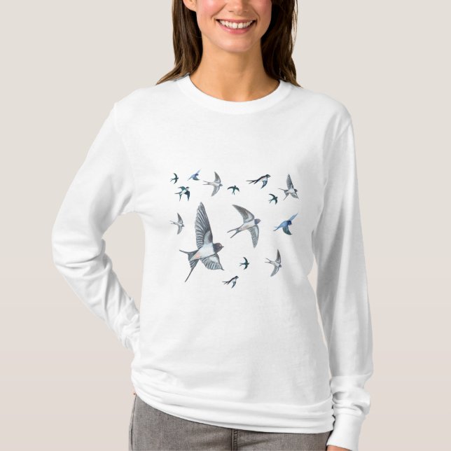 Flock of Fly Swallow Birds Illustration T-Shirt (Vorderseite)