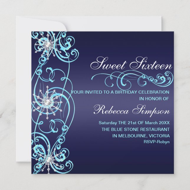 Flocon de neige bleu foncé Sweet 16 Invitation d'a (Devant)