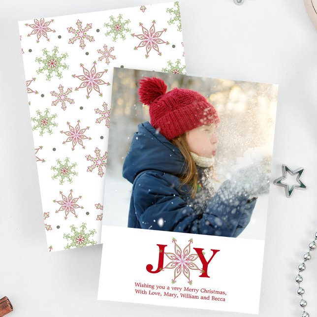 Flocon de neige Joie Noël Carte photo Cute 1 Photo (Joy typography photo card with red and green snowflake pattern,)