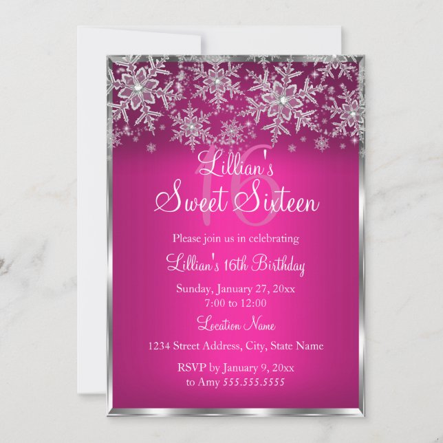 Flocon de neige rose chaud Sweet 16 Invitation (Devant)