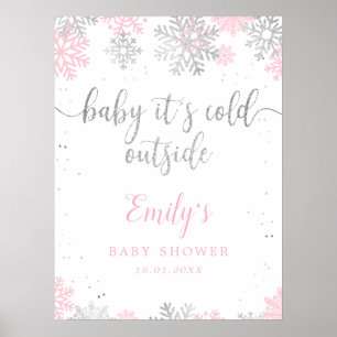 Flocs de neige rose Baby shower d'argent Affiche d