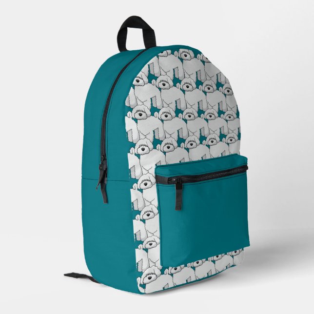 Floofy White Puppy Pattern auf Aquamarin Bedruckter Rucksack (Rückseitige Ecke links)