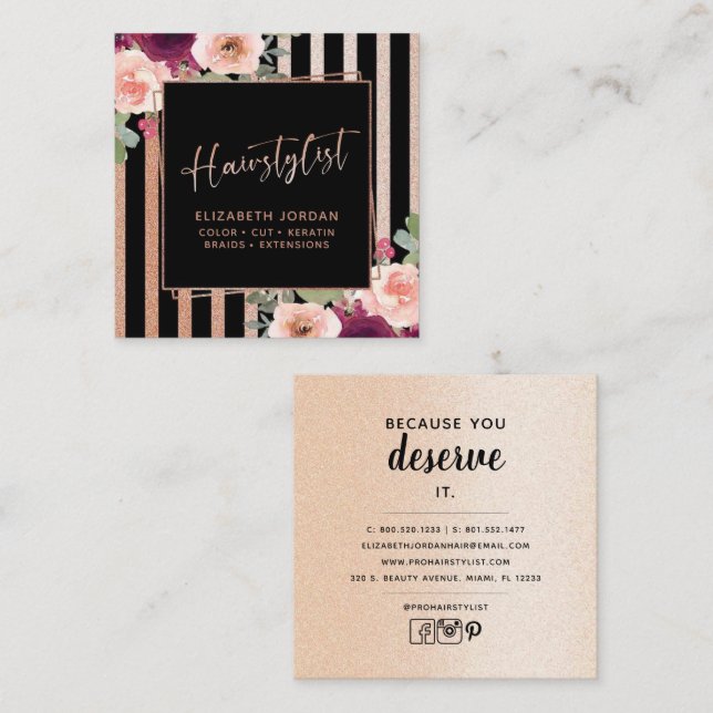 Flora Black Rose Gold Square Business Card Quadratische Visitenkarte (Vorne/Hinten)