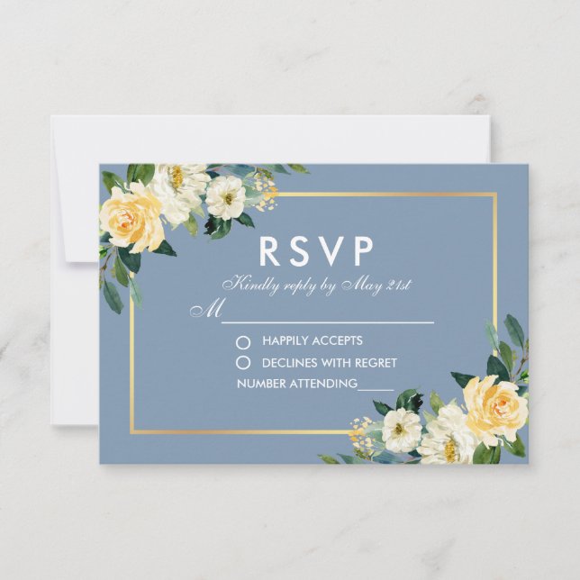 Flora blorgelbe blaue Hochzeit RSVP Karte (Vorderseite)
