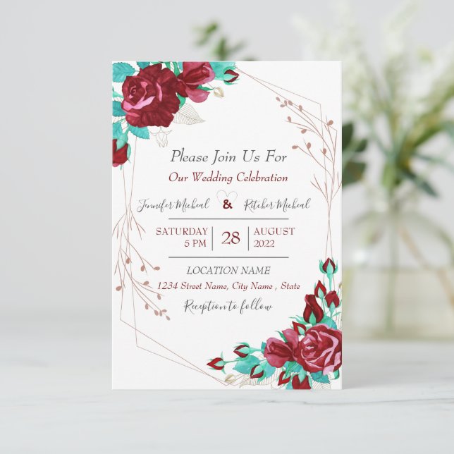 Flora Blume & Blätter Burgund Wedding Einladung (Stehend Vorderseite)