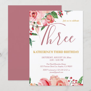 Flora Blush Pink Gold Farbe Geburtstag Einladung