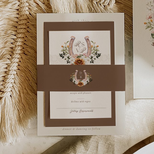 Flora-boho-Western Horseshoe Monogramm Einladungsbanderole (Watercolor Floral Boho Western Horseshoe Monogram Invitation Belly Band)