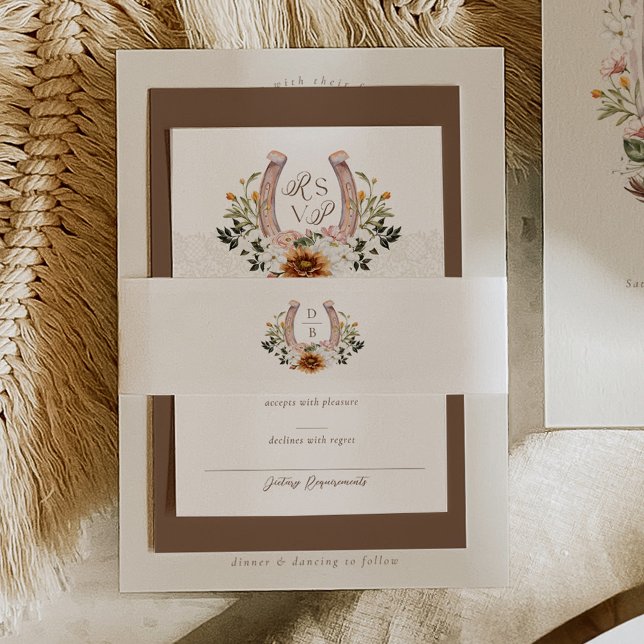 Flora-boho-Western Horseshoe Monogramm Einladungsbanderole (Watercolor Floral Boho Western Horseshoe Monogram Invitation Belly Band)