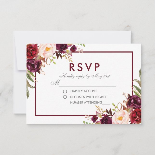 Flora-Burgunder-Hochzeit RSVP Karte (Vorderseite)
