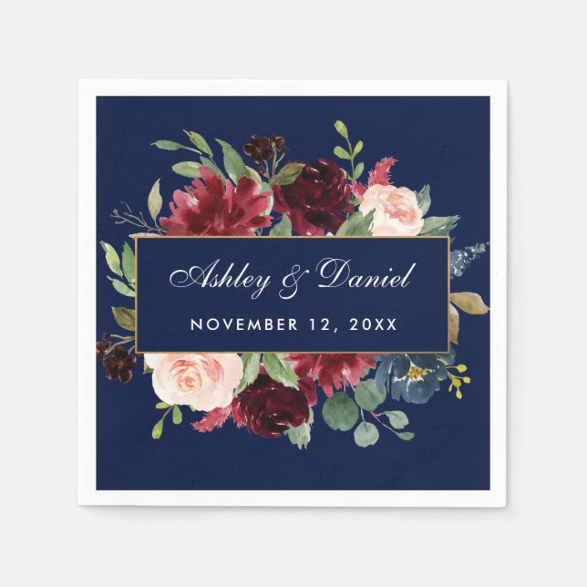 Flora-Burgundy Blue Gold Wedding Serviette (Vorderseite)