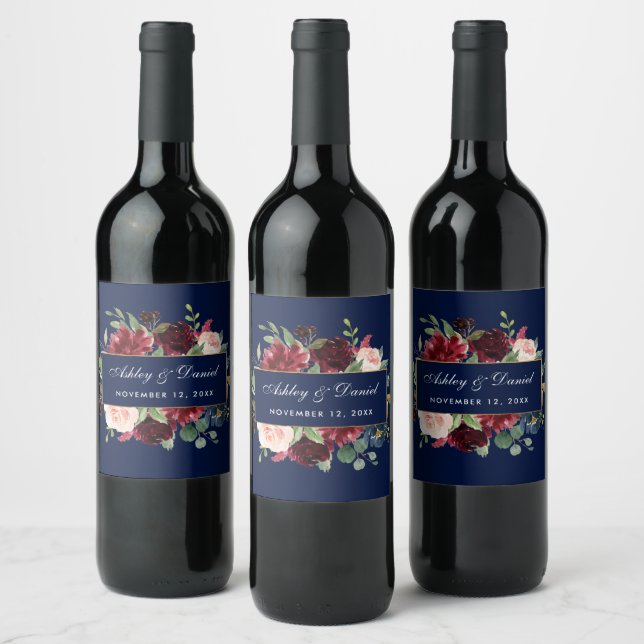 Flora-Burgundy Blue Gold Wedding Weinetikett (Flaschen)