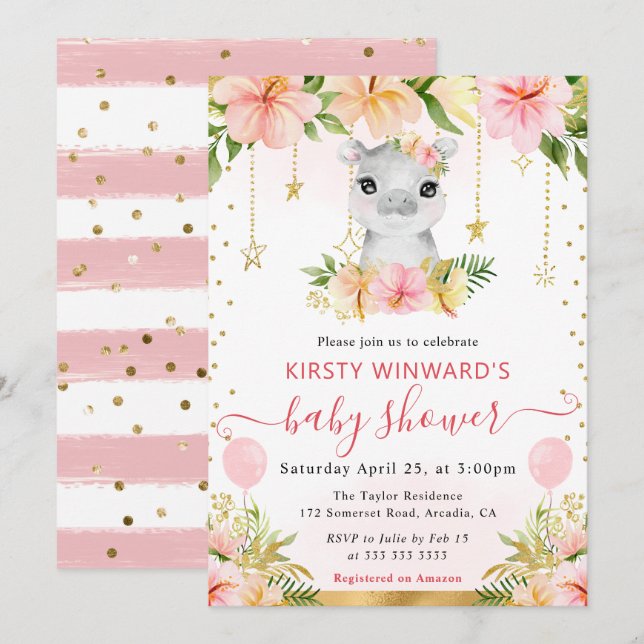 Flora-Dschungel Hippo Babydusche Einladung (Vorne/Hinten)