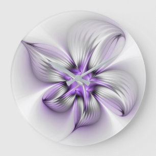Flora Elegante Modernes Abstraktes Violett Fraktal Große Wanduhr