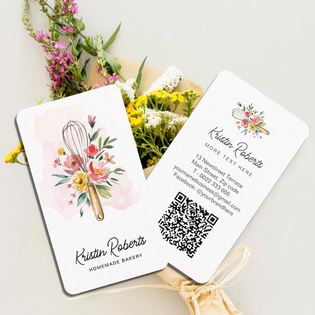 Flora-Fauna Whisk Bakery Business Card Visitenkarte (Watercolor Floral Whisk Bakery Business Card #sweetshop #pastries #bakery #watercolorflowers)