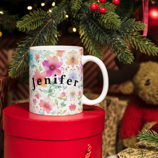 Flora Fleurs Aquarelle Vector Mug café blanc (Créateur téléchargé)