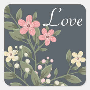 Flora Liebe Grau & Rosa Blüten Graue Hochzeit Quadratischer Aufkleber