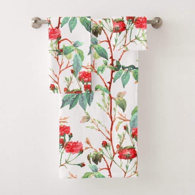 Flora Rote Rose Wasserfarbe Weiß Badhandtuch Set (Insitu)