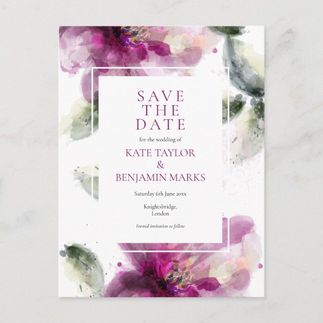 Flora-Save the Date-Karte für Aquarellpinke Ankündigungspostkarte (Vorderseite)