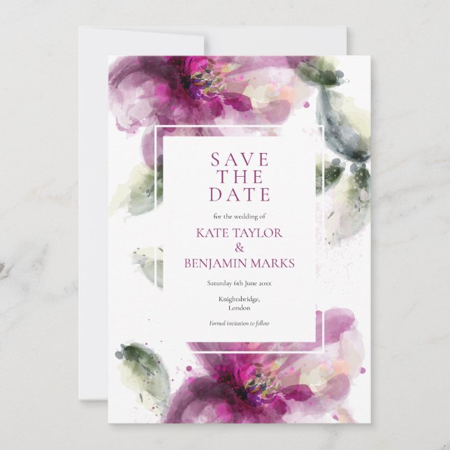 Flora-Save the Date-Karte für Aquarellpinke Save The Date (Vorderseite)