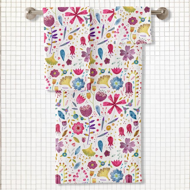 Flora und Fauna Moderne Badhandtuch Set (Watercolor wildflower pattern art bathroom towel set)