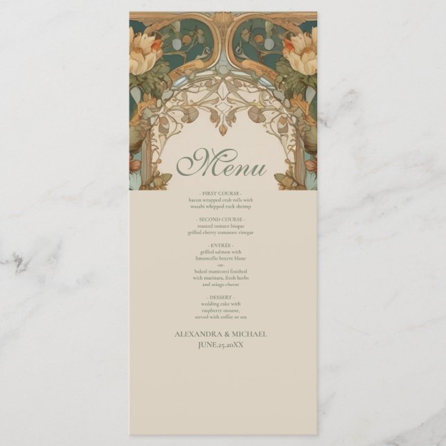 Flora Vintage Jugendstil-Hochzeit Menükarte (Vorderseite)