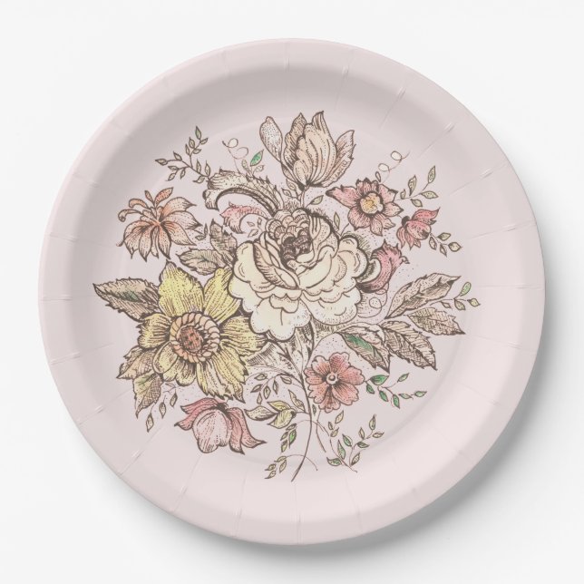 Floraison - assiettes en papier rose (Devant)