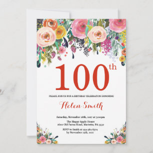Floral 100. Geburtstag Einladung Rot