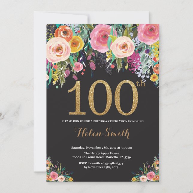 Floral 100e anniversaire Invitation Parties scinti (Devant)