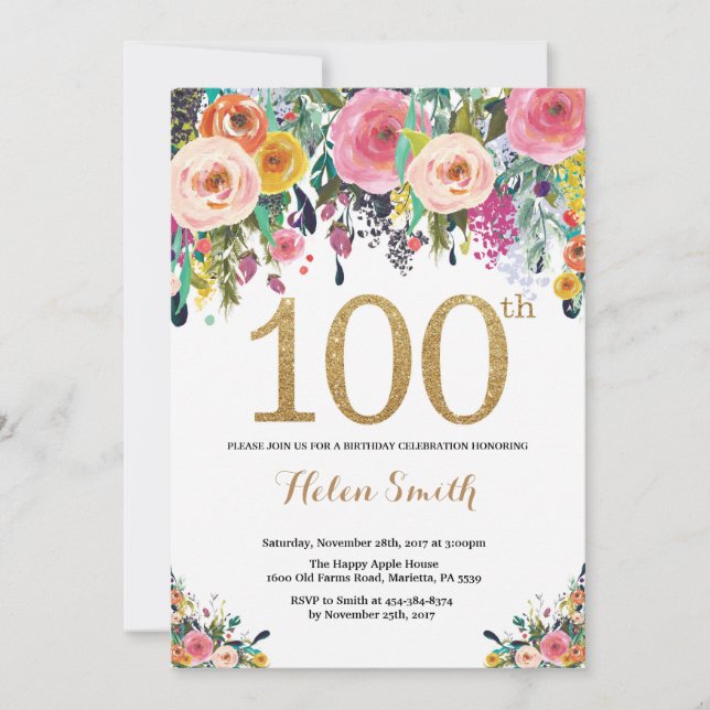 Floral 100e anniversaire Invitation Parties scinti (Devant)