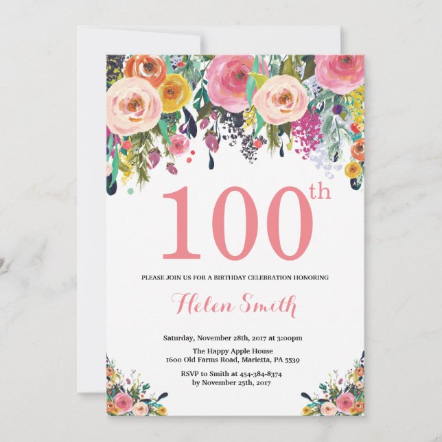 Floral 100e anniversaire Invitation rose (Devant)