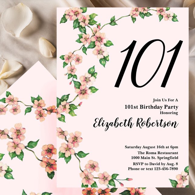 Floral 101st Birthday Invitation in Blush Pink Einladung (Von Creator hochgeladen)