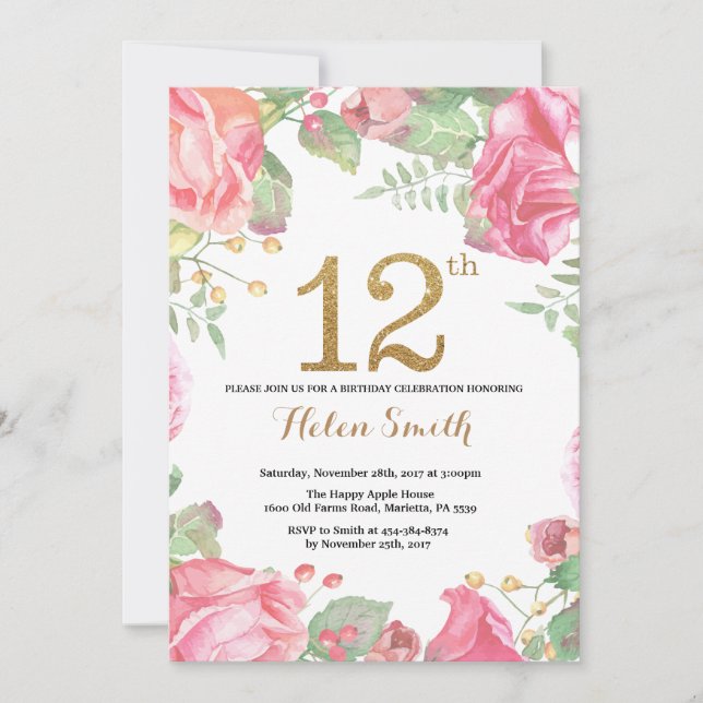 Floral 12e anniversaire Invitation Parties scintil (Devant)
