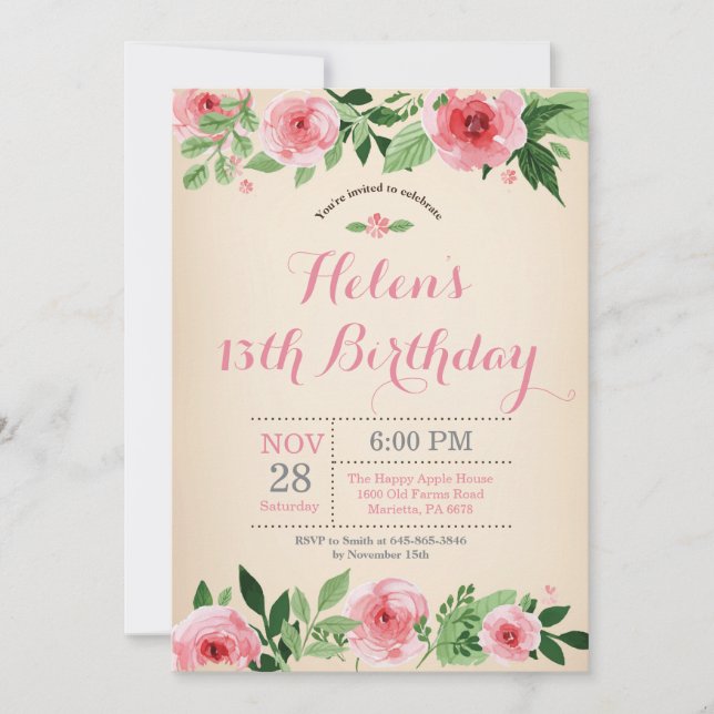 Floral 13e anniversaire Invitation Aquarelle rose (Devant)
